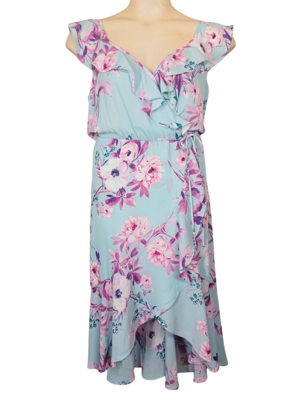 SOCIALITE Floral Dress XLarge Ruffle Midi Blue Summer Faux Wrap Style